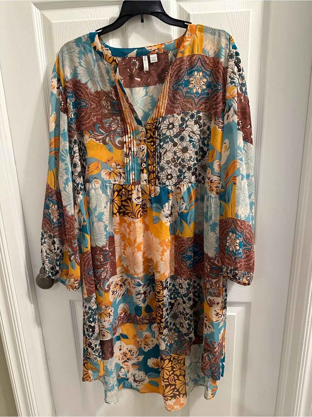Cato Floral Print Blouse in Teal, Brown, Cream and Mustard VGC
